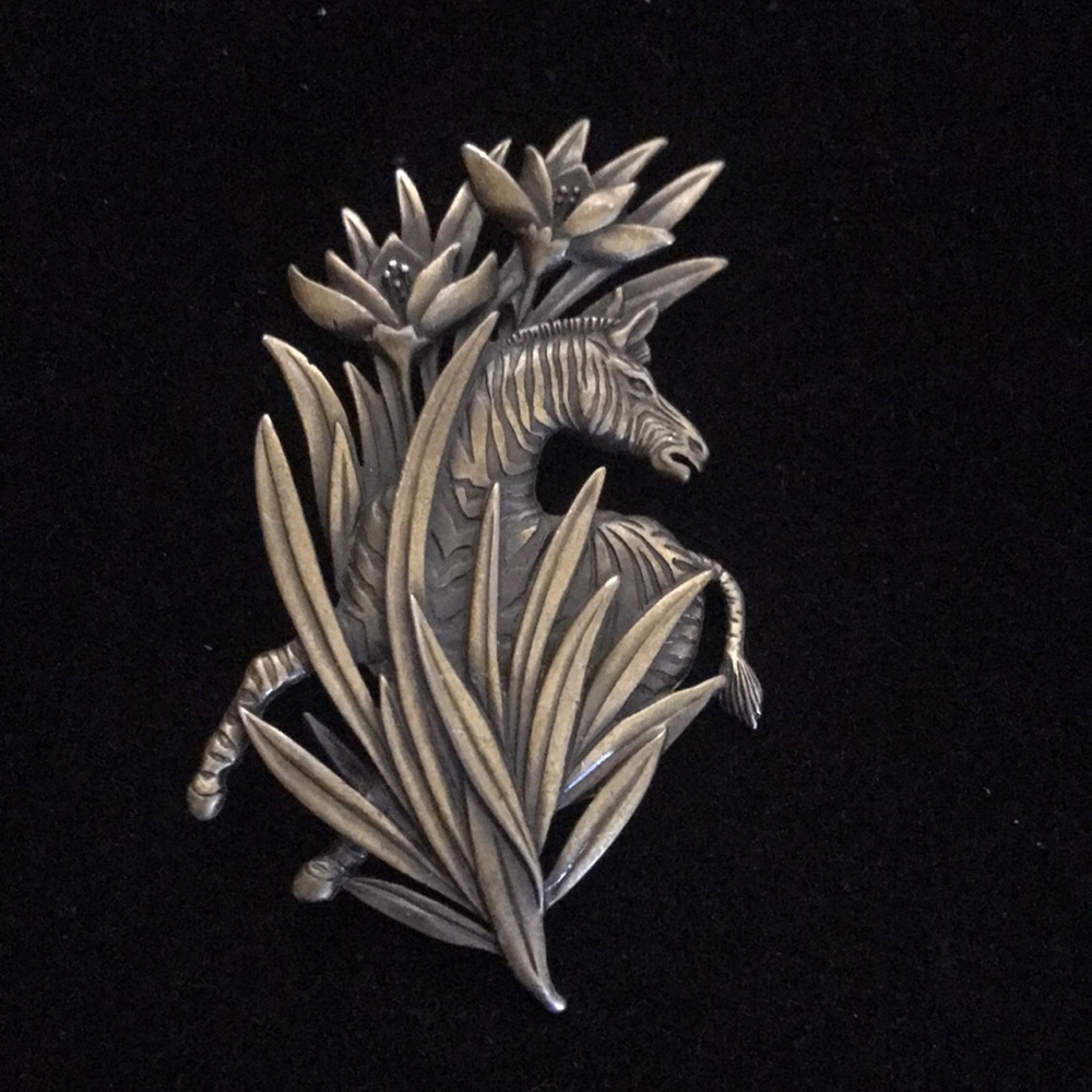 Vintage JJ JONETTE Silver Tone ZEBRA in JUNGLE Lilly Bush Flowers PIN Brooch